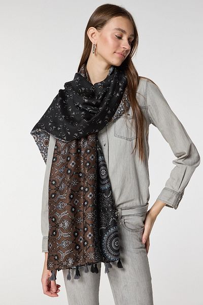 bacc Black Multi Pattern Tassel Shawl Bcnsv-2515069