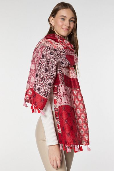 bacc Red Ethnic Patterned Tassel Shawl Bcnsv-2515081