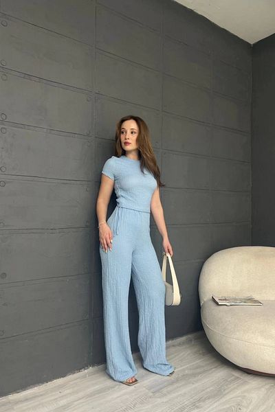 MOZENA Seersucker Side Gathered Short Sleeve Crew Neck Blouse Pants Set of 2