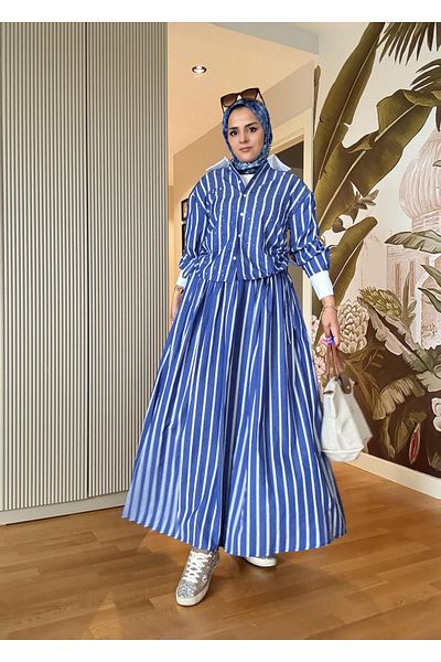 Aselim Hijap Moda Ριγέ Ποπλίν Μπλούζα με Φούστα Συνδυασμού με Λεπίδες σε Σκούρο Μπλε