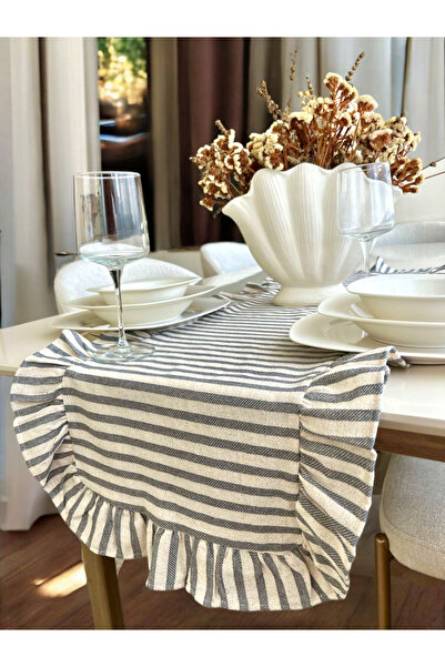 HOME ART ATELIER hand made Gri Çizgili- Fırfırlı Vintage Keten Runner - 40x110