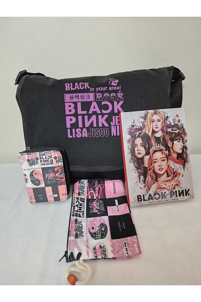 Alanç Gift Karne Gift Custom Black Pink Printed Messenger Bag, Notebook, Wallet, Pen Holder, Gift Set