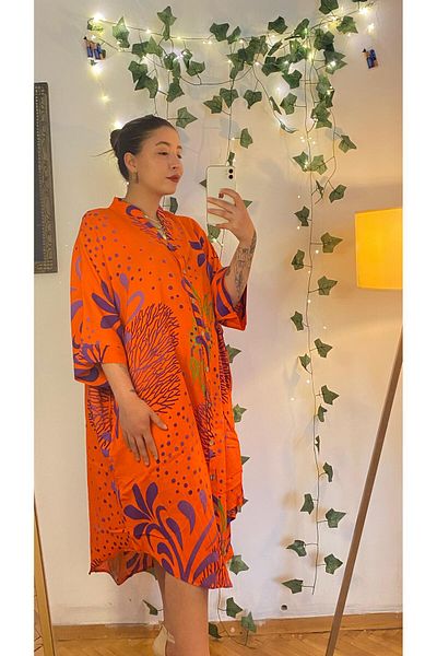 Ceylin Flower Patterned Cotton Buttoned Giant Dress