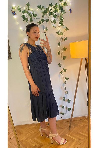 İTALYAN Italian Silk Fabric Lace Detail Dress