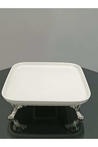 PARILTI HOME COLLECTİON Porselen Sunum Tabağı Gümüş Kulplu ve Ayaklı