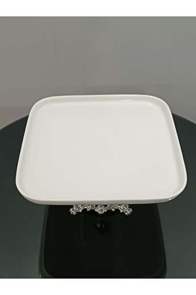PARILTI HOME COLLECTİON Porcelain Presentation Plate with Silver Handle and Foot