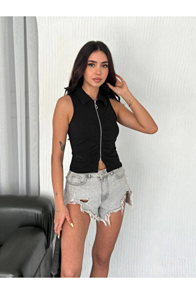 velmorafashion Velmora Collared Full Zip Sleeveless Blouse - Black -