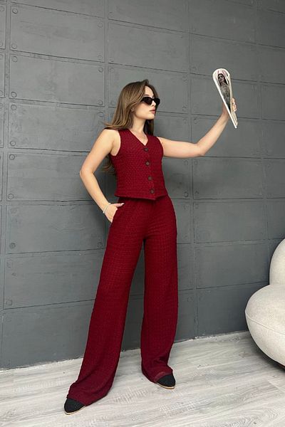 MOZENA Buttoned Vest Trousers 2-Piece Seersucker Suit