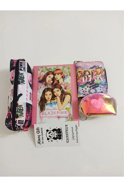 Alanç Gift Black Pink Printed Pen Holder, Notebook, Coin Purse, Coin Purse Special Gift Set