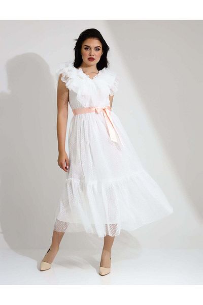 Stayele Elegant Ruffle Midi Dress with Polka Dot Tulle