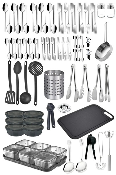 Homerest 98 Parça 12 Kişilik Modern Çatal Kaşık Takımı, Kahvaltı Takımı Maşa Rende Çırpıcı Çeyiz Seti