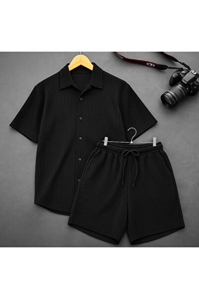 tetramoda طقم شورت قميص صيفي قصير الأكمام من قماش سلكي مكون من قطعتين