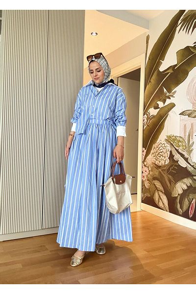 Aselim Hijap Moda Ριγέ Ποπλίνα Υφασμάτινη Φούστα Πουκάμισο Πέτρα Λεπτομερή Σετ Μπλε