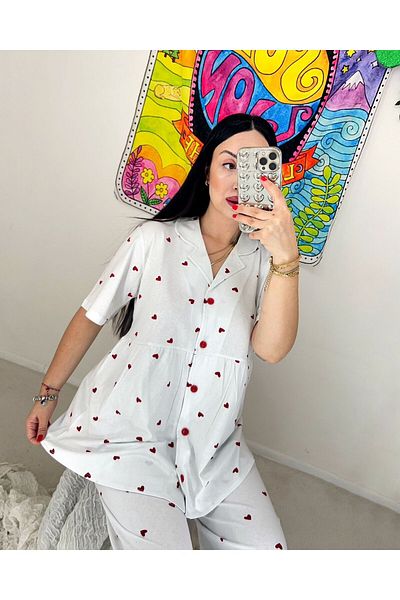 ByGamzeArman Short-Sleeved Cotton Fabric Maternity Puerperium Pajamas Set with Red Minnak Heart on White