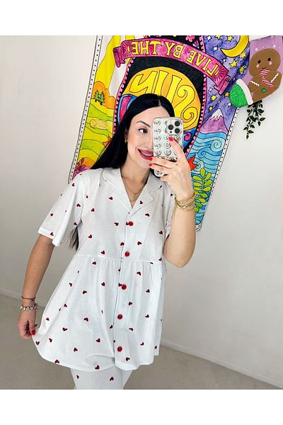 ByGamzeArman Short-Sleeved Cotton Fabric Maternity Puerperium Pajamas Set with Red Minnak Heart on White