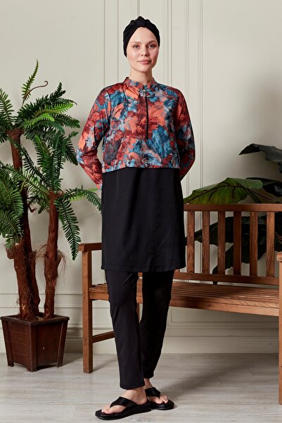 Modabenna Patterned Fully Covered Adjustable Waist Elastic 3-Piece Hijab Swimsuit Parachute