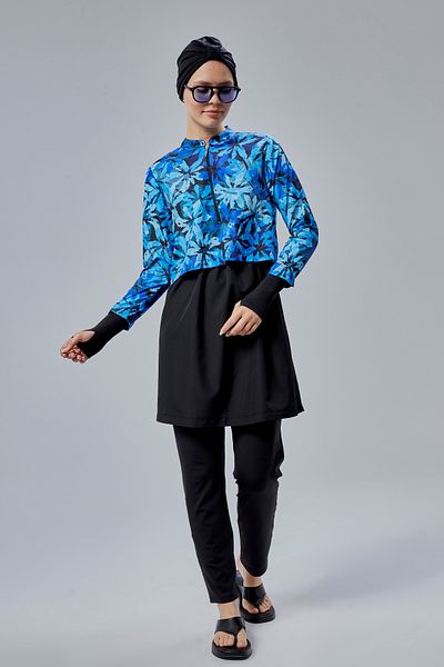 Modabenna Digital Printing Patterned Full Covered Adjustable Elastic Waist 3-Piece Hijab Swimsuit Parachute