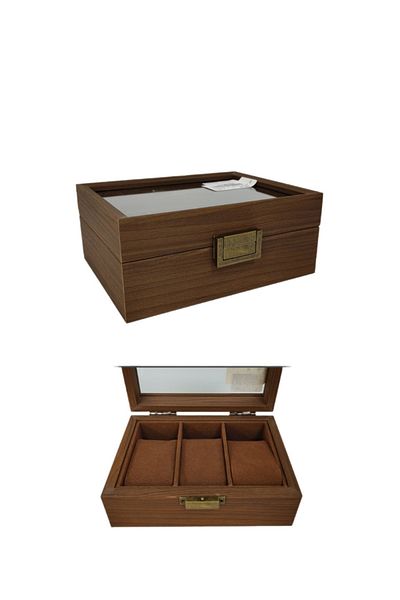 Living Wooden organizer box with a glass lid for organizing jewelry and watches - 3 compartments - brown