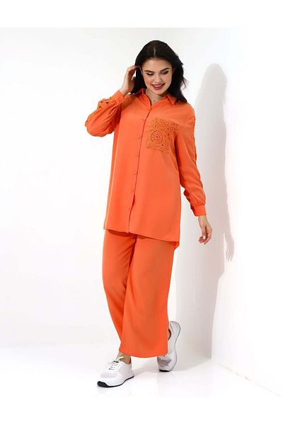 Stayele Womens Orange Two Piece Set with Lace Details