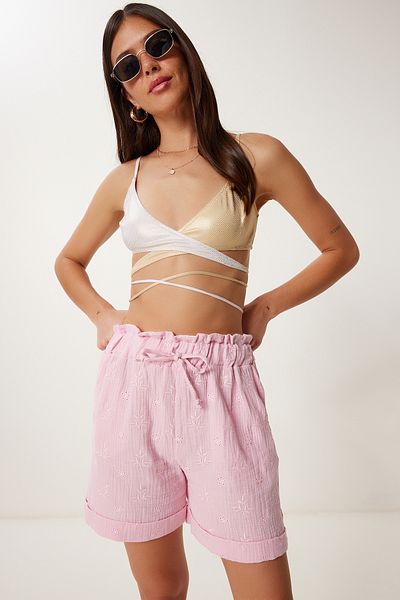 Lovelyİstanbul Pantaloni scurți de muselină brodați cu scoici ROZ LHF0029