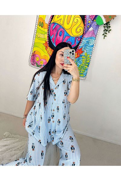 Pijamapartisi Blue Striped Short Sleeve Maternity Maternity Pajama Set with Teddy Bear Pattern