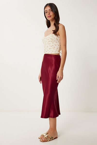 Lovelyİstanbul Fusta Midi din Satin Roșu Claret LNS0068