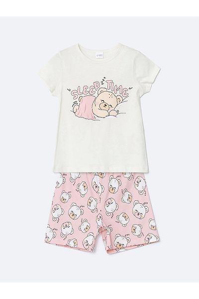 LC Waikiki Lcw Kids Ecru Printed Girls Cotton Shorts Pajama Set
