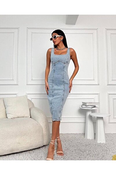 By Gecce Askılı Uzun Yırtmaçlı Denim Elbise (DAR KALIP)