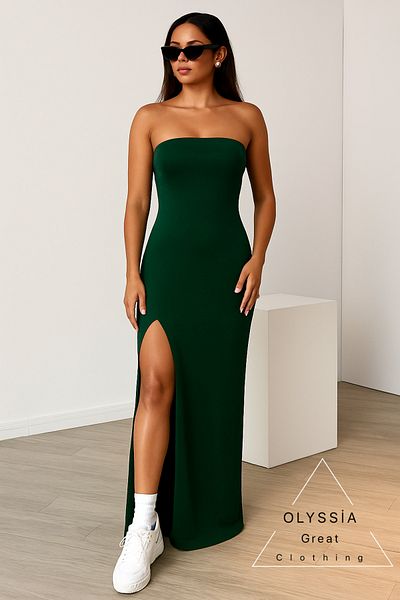 Olyssia Rochie de damă verde închis fără bretele cu fantă - Flexibilă, potrivită pentru corp |   Eleganță de noapte și de petrecere, stil simplu