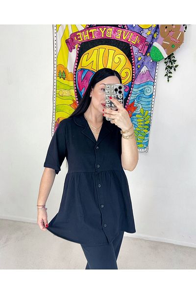 ByGamzeArman Solid Black Color Combed Cotton Fabric Short Sleeve Wide Mold Maternity Lohusa Pajamas Set
