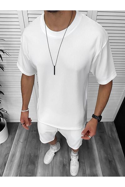 dehaine Men's Summer Set, Shorts and T-Shirt, White, 8206A