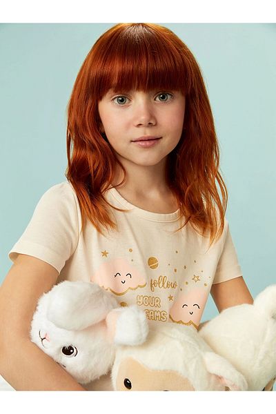 LC Waikiki Lcw Kids Ecru Crew Neck Girls' Sleepwear Set with Shorts