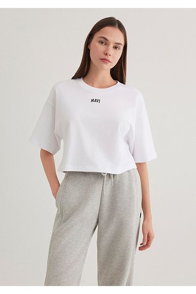 Mavi Τυπωμένο λογότυπο Λευκό T-Shirt Crop Crop / Short Cut 1611585-620