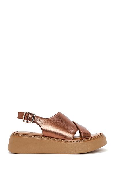 Derimod Women's Bronze Thick Sole Metallic Leather Comfort Sandals 25Sfd342332
