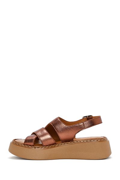 Derimod Women's Bronze Thick Sole Metallic Leather Comfort Sandals 25Sfd342332