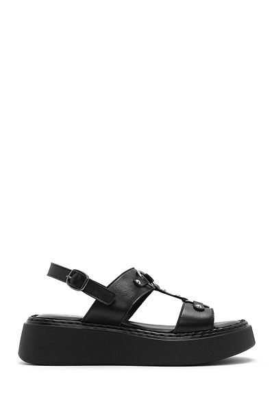 Derimod Women's Black Ankle Buckle Thick Sole Leather Comfort Sandals 25Sfd342518