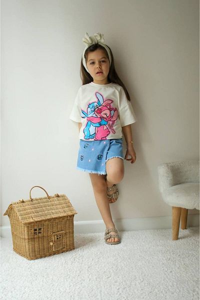 Starry Couture Girl's Stitch Printed T-Shirt and Embroidered Denim Shorts Skirt Set