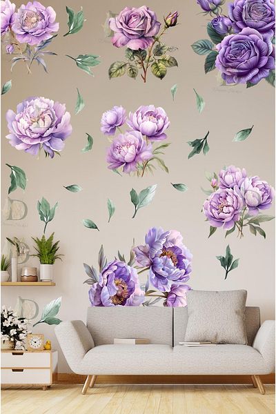 KT Decor Purple Peony Flowers Premium Wall Sticker Set