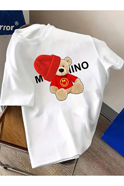 Massgai Tricou oversize unisex Smile Bear cu imprimeu roșu, 100% bumbac