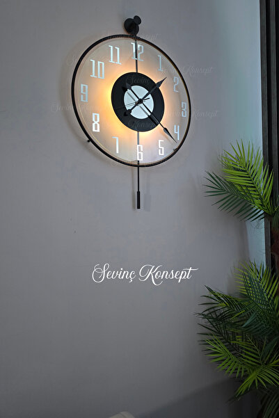 SEVİNÇ KONSEPT LED li BLACK Latin Tiktok FACE Gümüş Rakamlı (BÜYÜK BOY 50 X 75), Dekoratif Sarkaçlı Duvar Saati