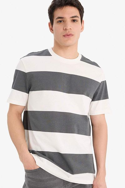DeFacto 100% Cotton Regular Fit Crew Neck Striped Short Sleeve T-Shirt E5485Ax25Sm