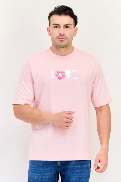 Esprit Men Ribbed Collar Short Sleeve Brand Logo T-Shirt, Pink