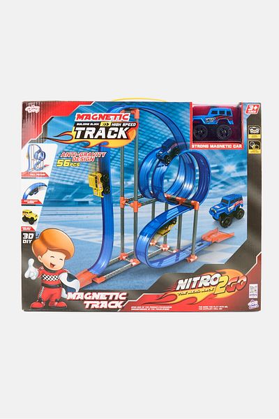 New Boy 56 Pieces Nitro2Go Magnetic Track High-Speed Racing Set, Blue