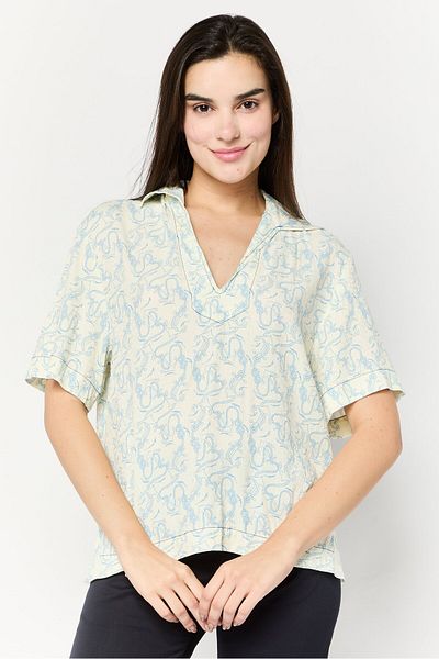 SANDRO Women V Neck Graphic Print Short Sleeves Blouse, Multicolor