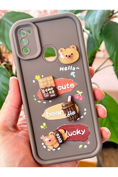 Fibaks Samsung Galaxy M30S-M21 Kılıf Tasarımlı Desenli Kamera Korumalı Ayıcık Kahve Yumuşak Silikon Kapak