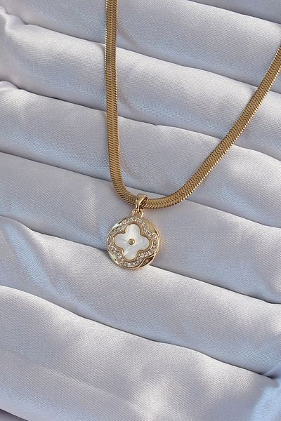 Skygo 316L Steel Italian Chain Gold Color Zircon Stone Pearlescent Clover Model Necklace - Tj-Bko8987