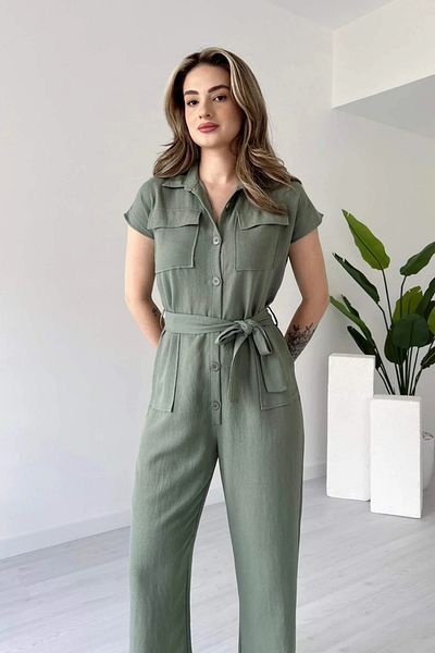 MOZENA Buttoned Pocketed Belted Linen Jumpsuit