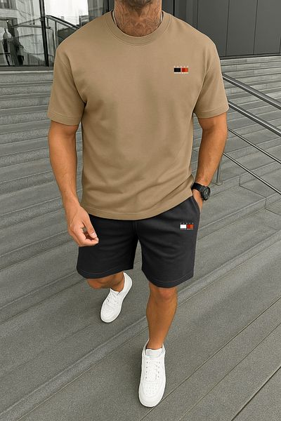 modaberry Paris Dream Maker T-Shirt Shorts - Beige with Black Shorts T-Shirt Bottom Top Team Printed Crew Neck
