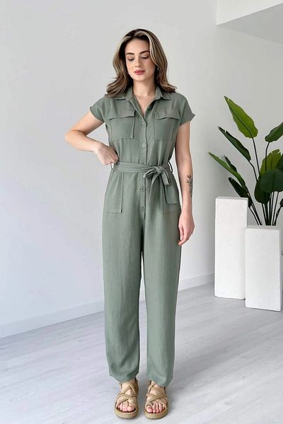 MOZENA Buttoned Pocketed Belted Linen Jumpsuit