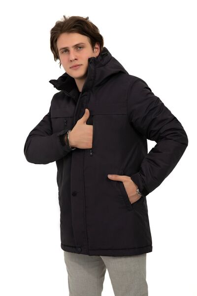 Montup Ανδρικό χειμωνιάτικο παλτό Navy Blue - Fleece, Γούνα, Αδιάβροχο και Αντιανεμικό, Κουκούλα